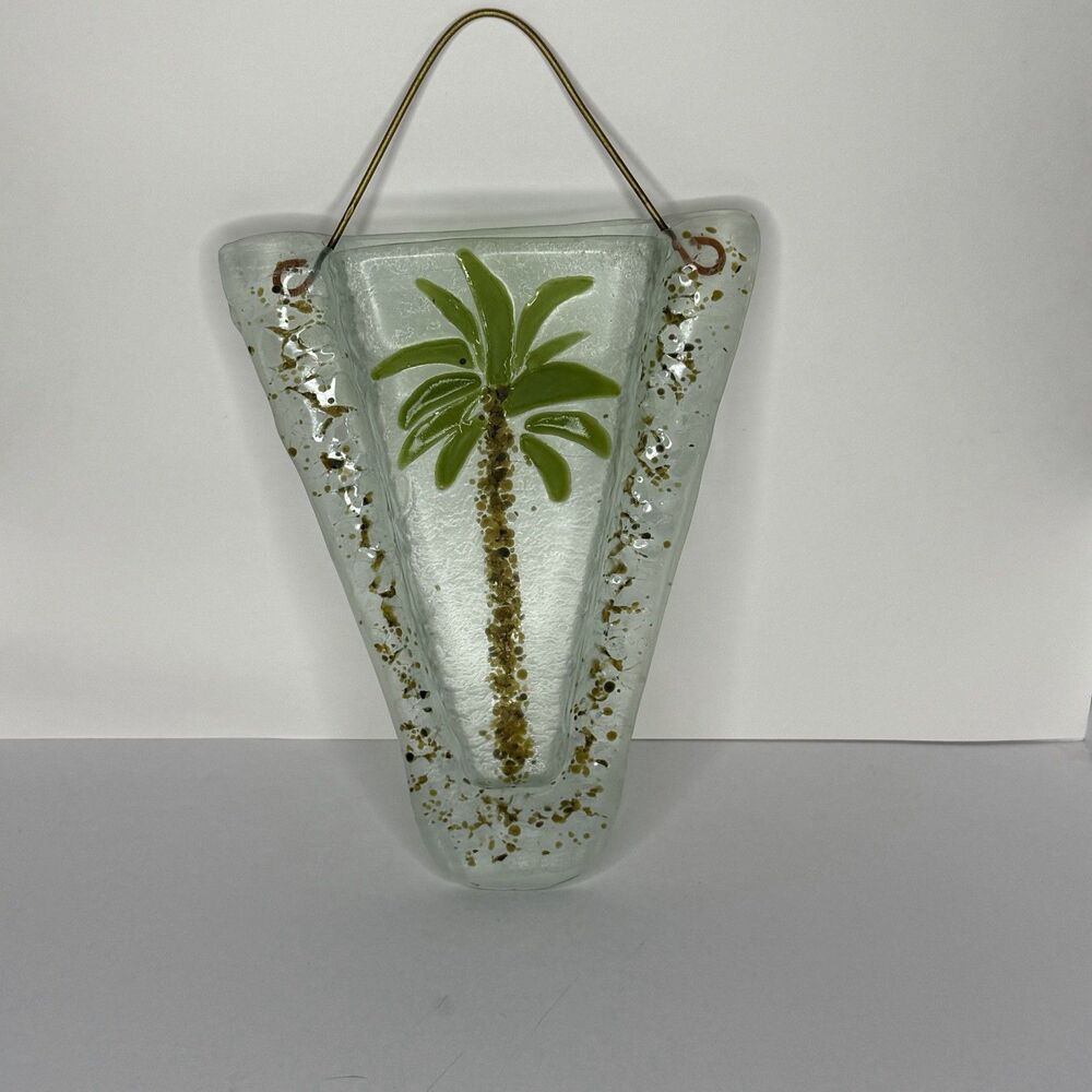 Fused Glass Hanging Wall Pocket Vase Palm tree Tropical Artsy Hawaiian‎